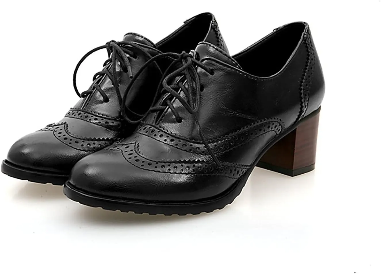 Inornever Brogue Shoe Womens Classic Sweet Mid Heel Lace Up Carving PU Wingtip Oxfords Leather Shoes