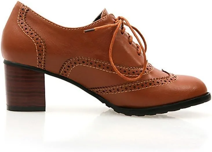 Inornever Brogue Shoe Womens Classic Sweet Mid Heel Lace Up Carving PU Wingtip Oxfords Leather Shoes