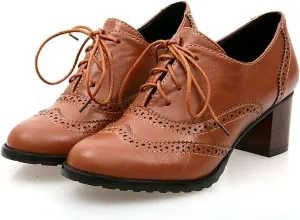Inornever Brogue Shoe Womens Classic Sweet Mid Heel Lace Up Carving PU Wingtip Oxfords Leather Shoes