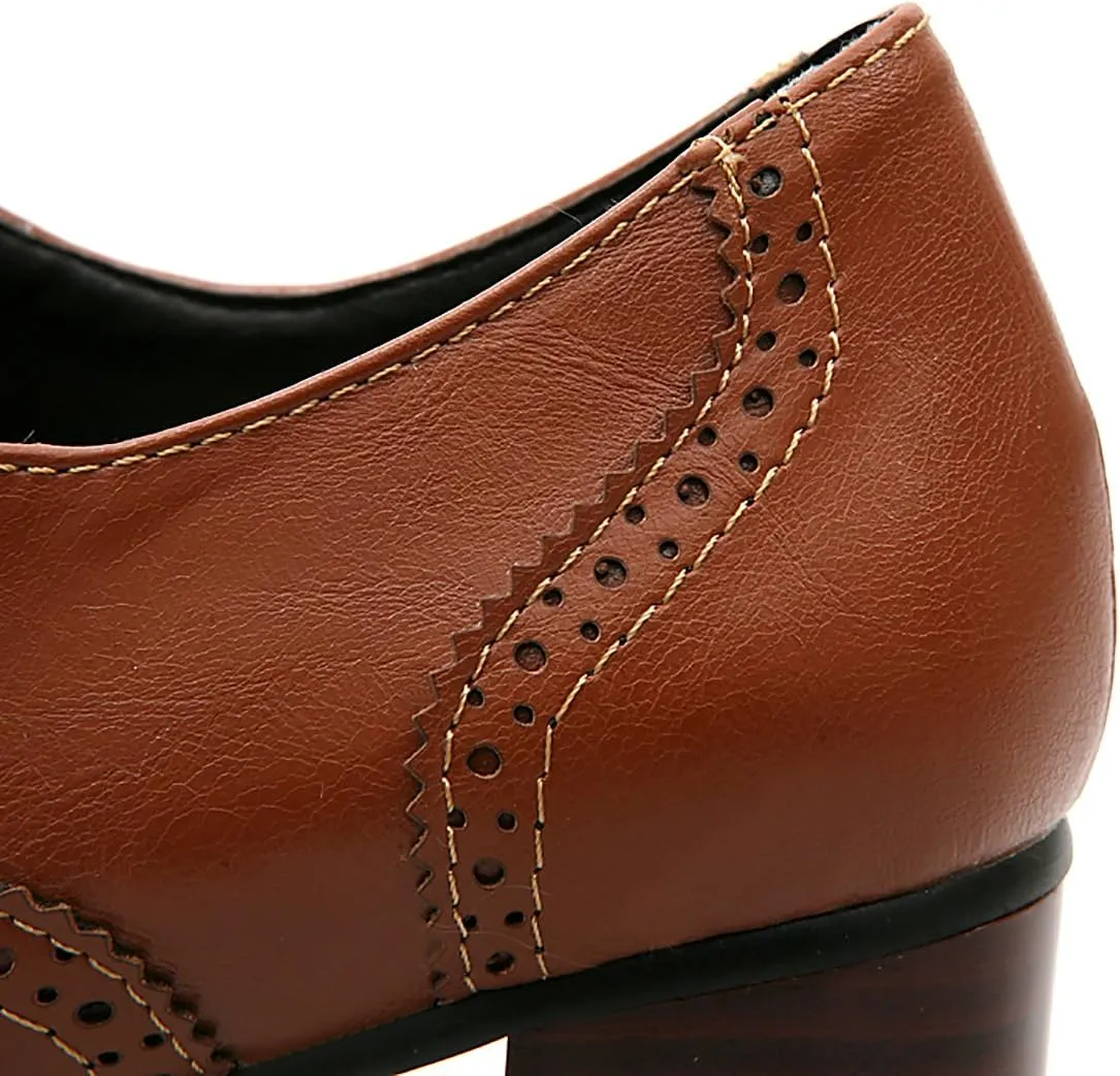Inornever Brogue Shoe Womens Classic Sweet Mid Heel Lace Up Carving PU Wingtip Oxfords Leather Shoes