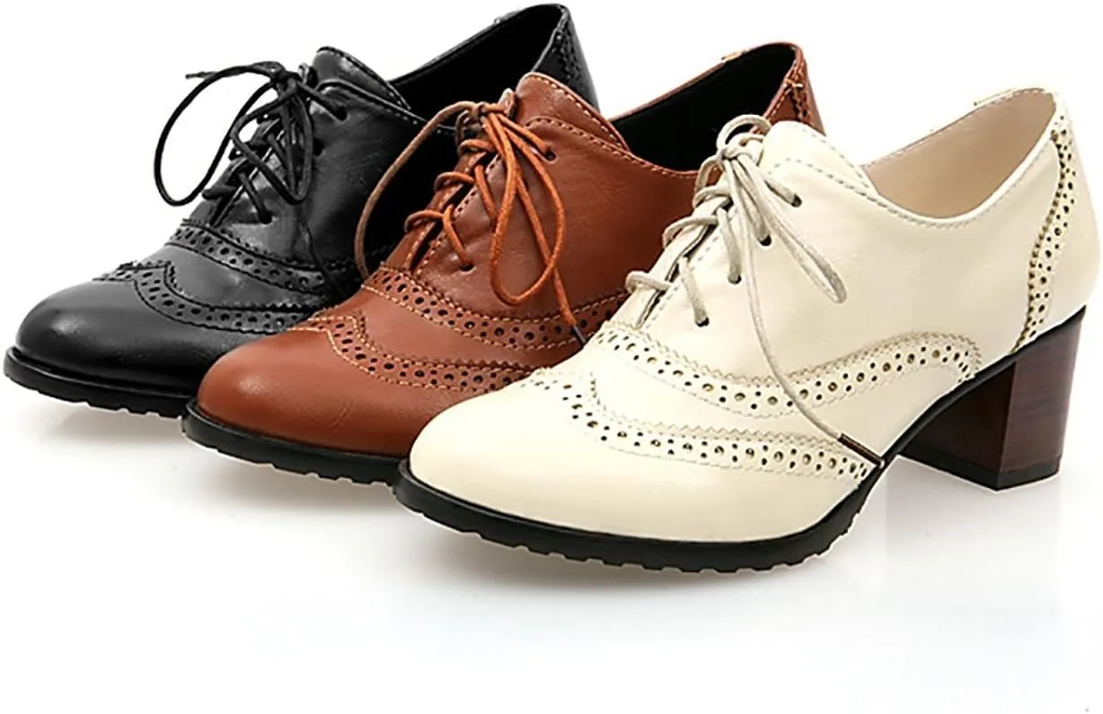 Inornever Brogue Shoe Womens Classic Sweet Mid Heel Lace Up Carving PU Wingtip Oxfords Leather Shoes