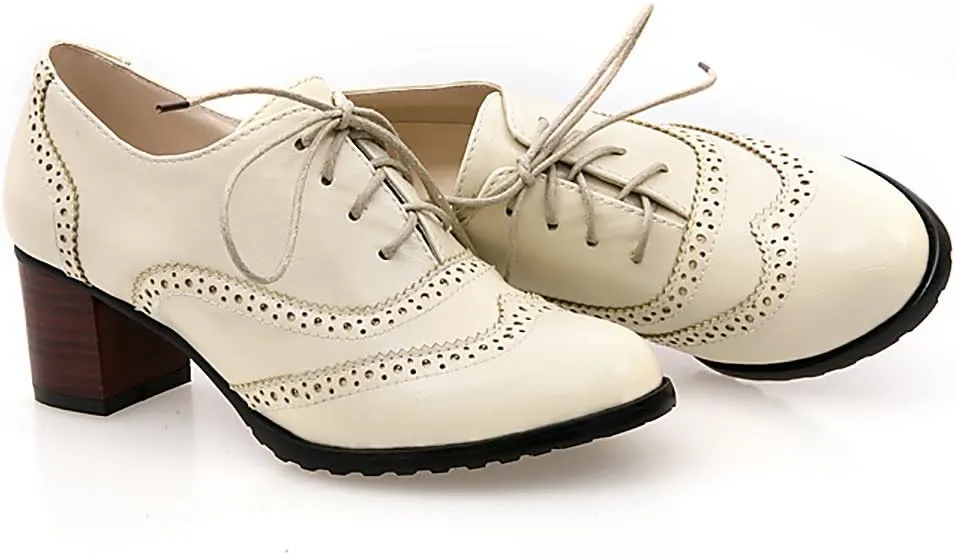 Inornever Brogue Shoe Womens Classic Sweet Mid Heel Lace Up Carving PU Wingtip Oxfords Leather Shoes