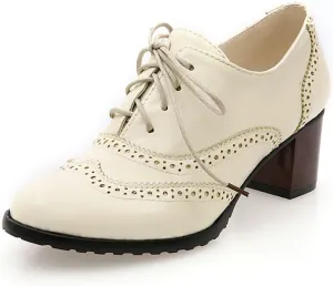 Inornever Brogue Shoe Womens Classic Sweet Mid Heel Lace Up Carving PU Wingtip Oxfords Leather Shoes