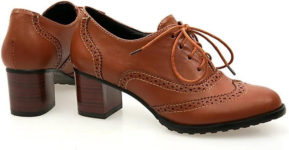 Inornever Brogue Shoe Womens Classic Sweet Mid Heel Lace Up Carving PU Wingtip Oxfords Leather Shoes