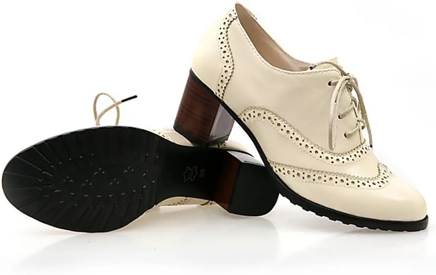 Inornever Brogue Shoe Womens Classic Sweet Mid Heel Lace Up Carving PU Wingtip Oxfords Leather Shoes