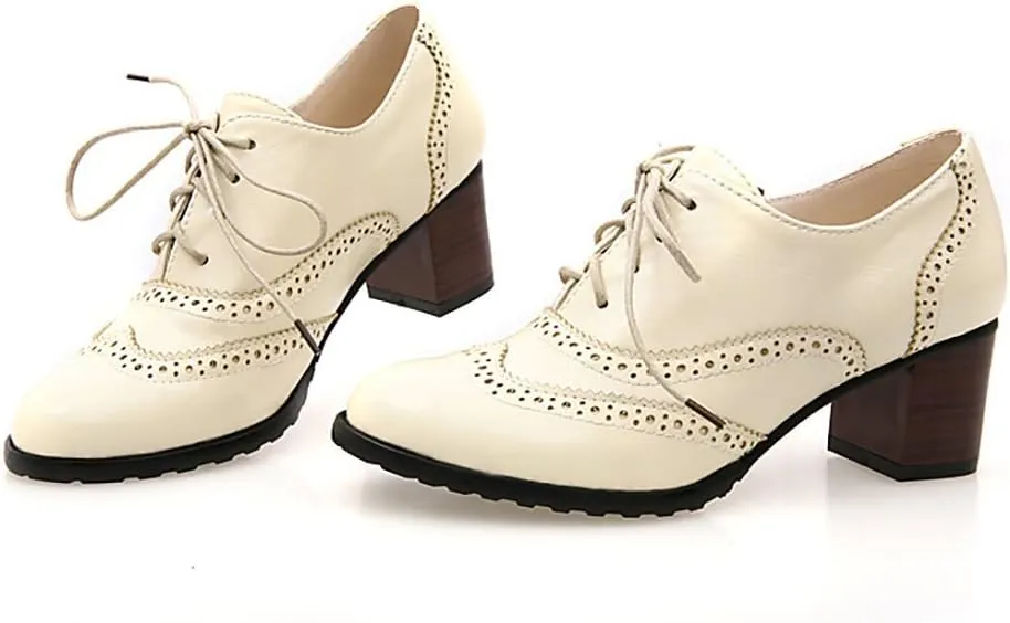Inornever Brogue Shoe Womens Classic Sweet Mid Heel Lace Up Carving PU Wingtip Oxfords Leather Shoes