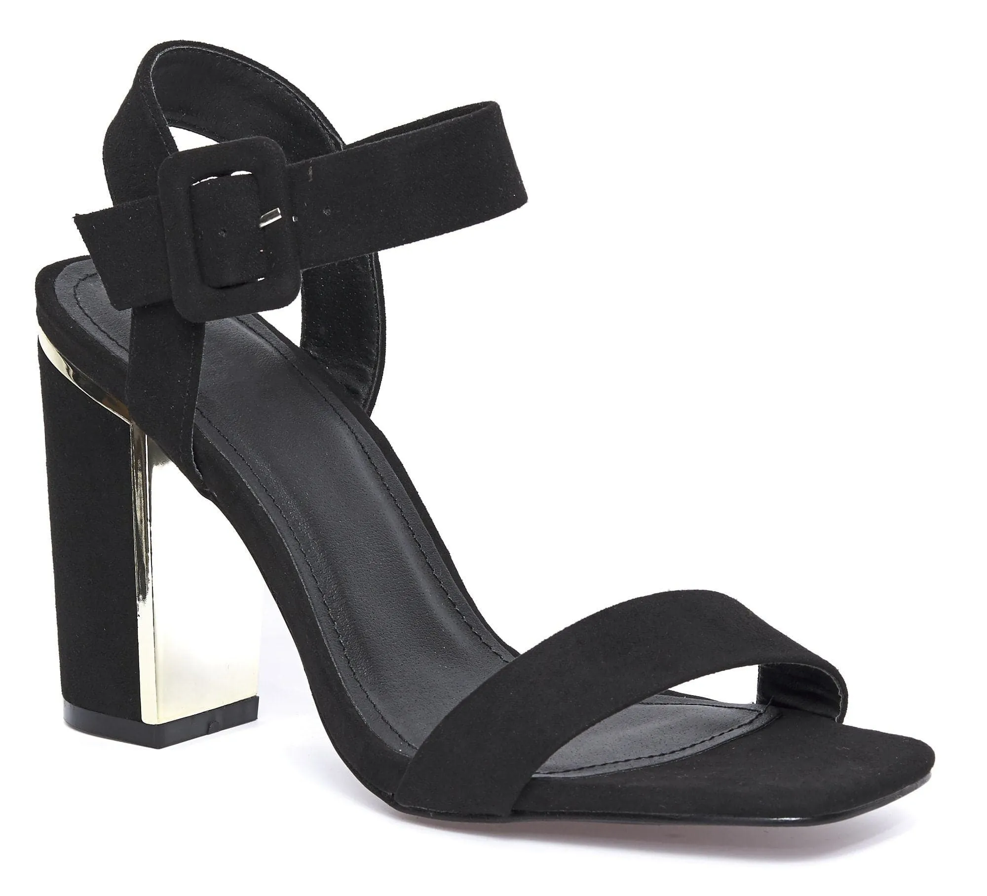 Iraya Thick Anklestrap Block Heel Sandal in Black Suede