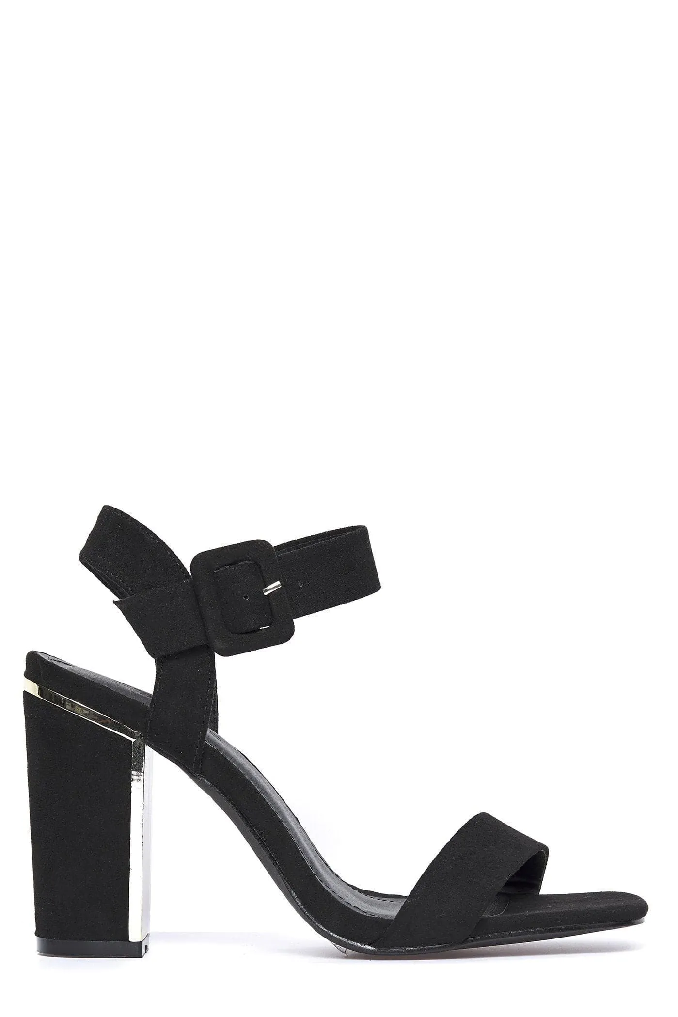 Iraya Thick Anklestrap Block Heel Sandal in Black Suede