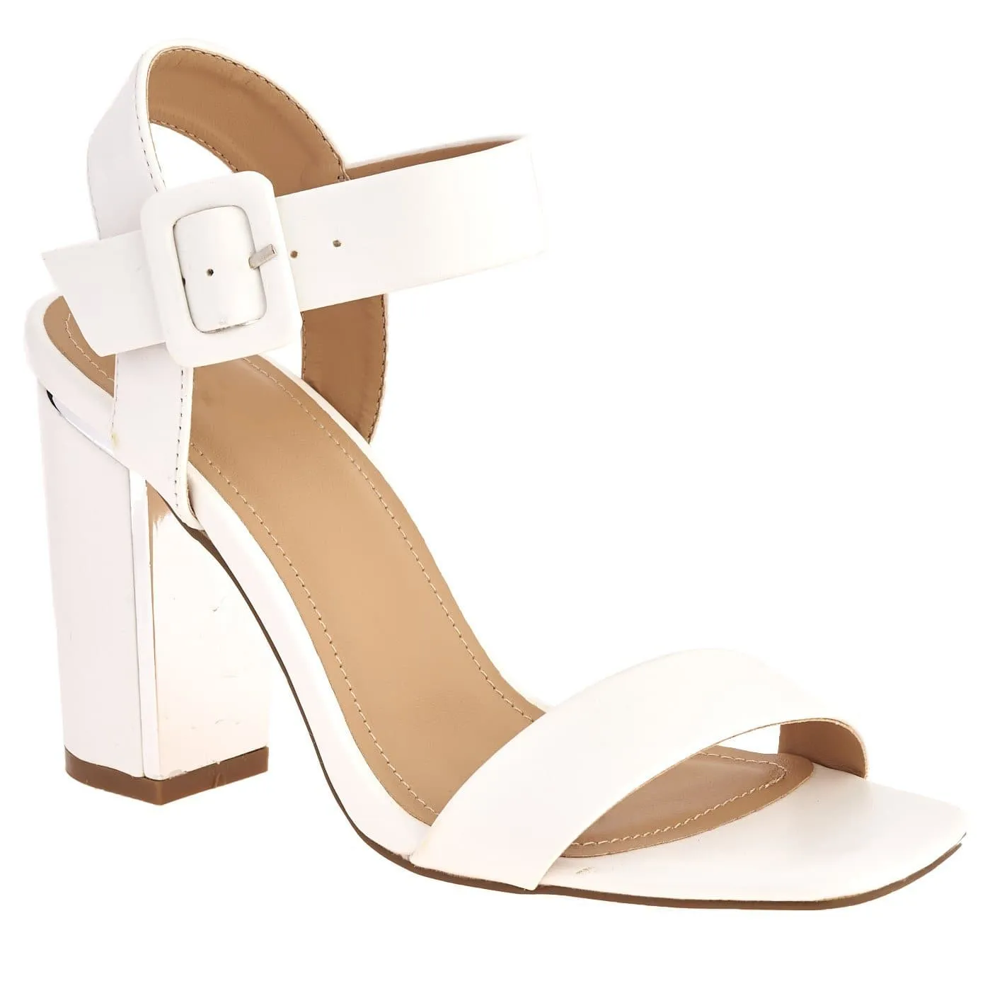 Iraya Thick Anklestrap  Block Heel Sandal in White Matt