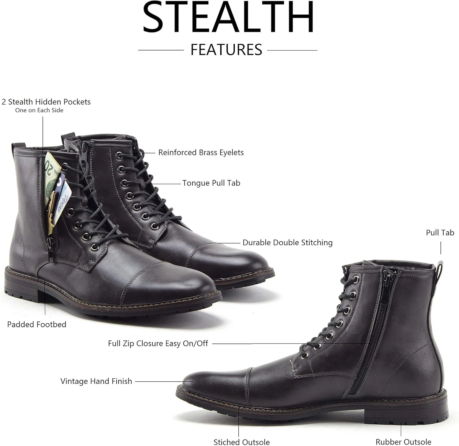 Jazam Men's Carson Distressed Cap Toe Tall Motorcycle Military Combat Dress Boots