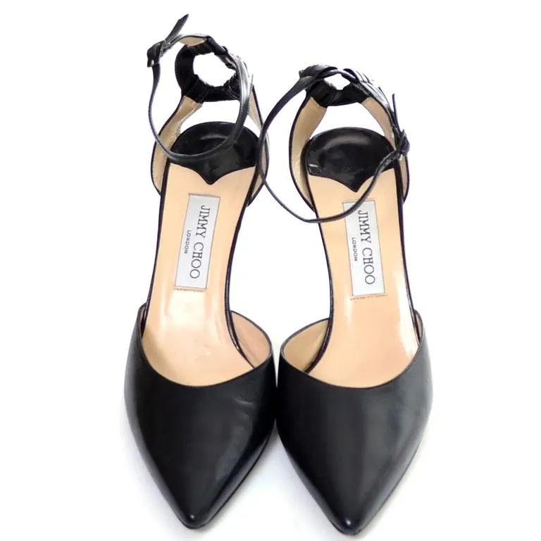 Jimmy Choo Ankle Strap Heels Black Leather Pointed Toe Shoes 40 10