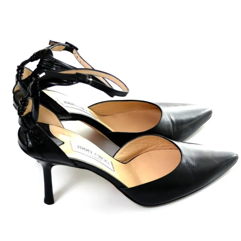 Jimmy Choo Ankle Strap Heels Black Leather Pointed Toe Shoes 40 10