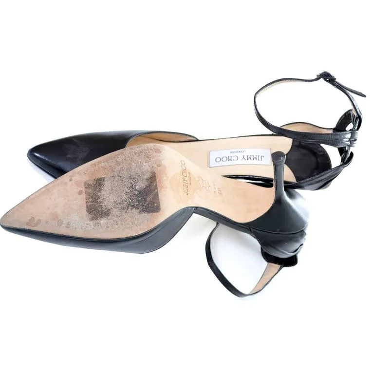 Jimmy Choo Ankle Strap Heels Black Leather Pointed Toe Shoes 40 10