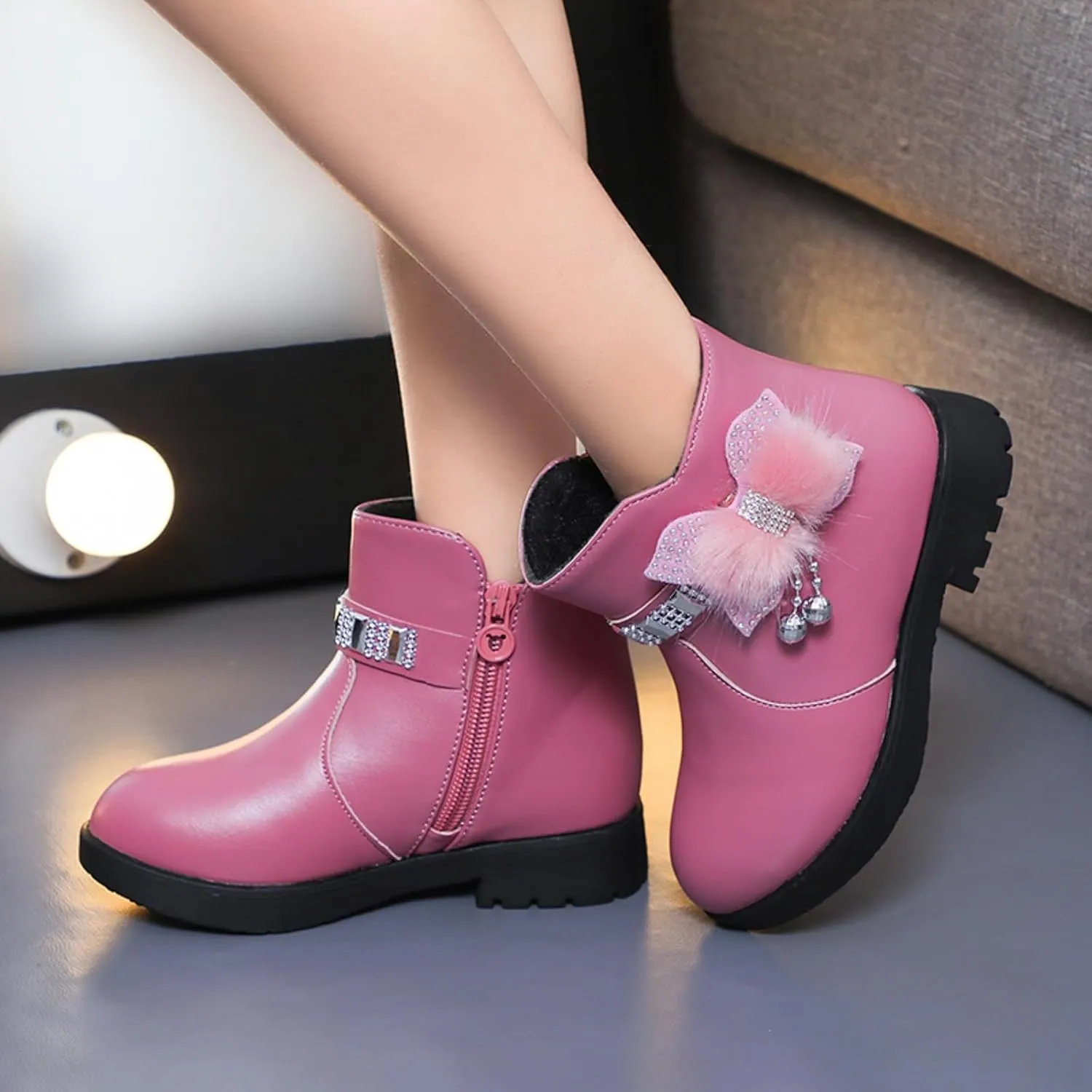 Kids Ankle Boots for Girls Side Zipper Round Toe Casual Short Booties Short Glitter Side Zipper Casual Shoes