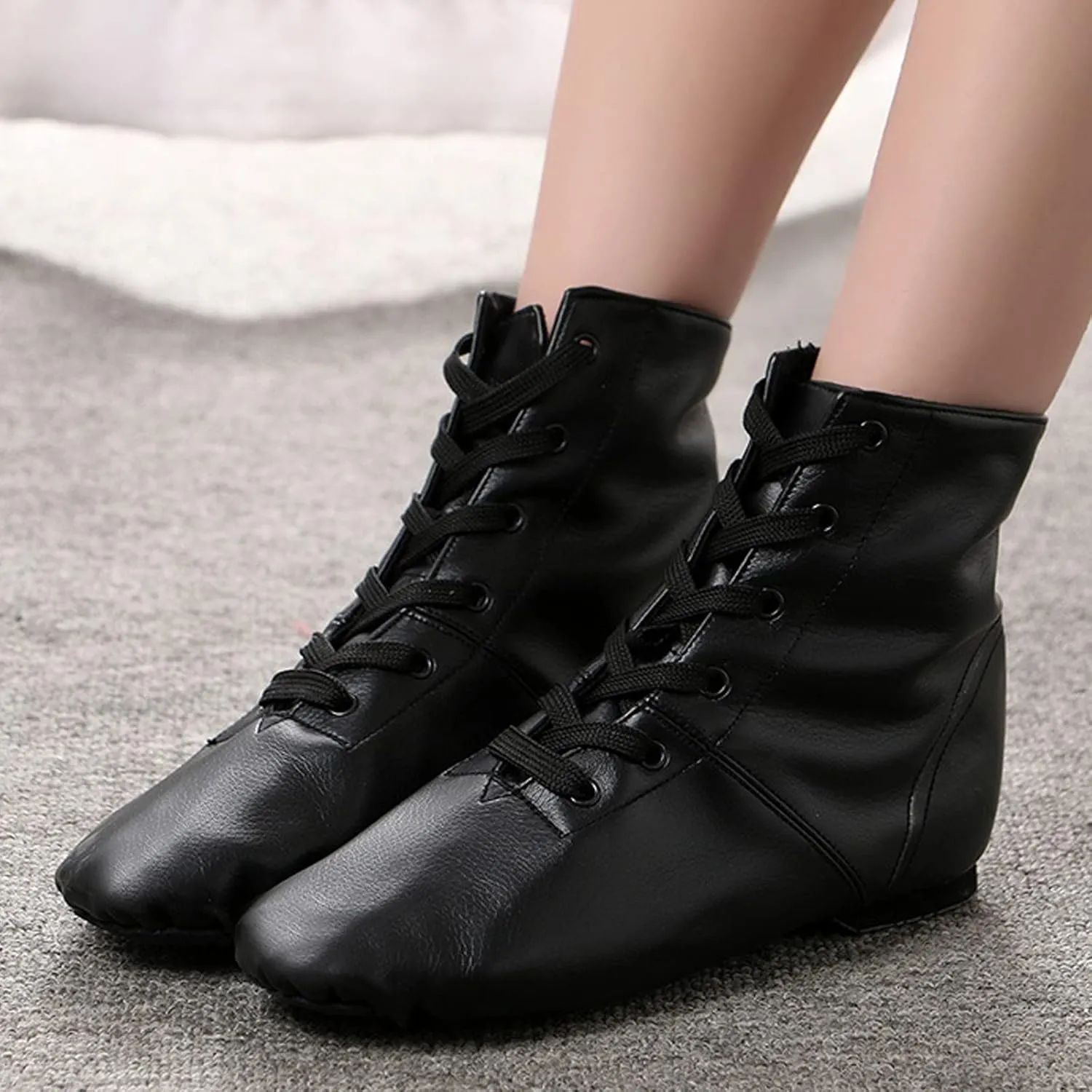 Kids Black Split Sole Jazz Boots Soft PU Upper Leather Dancing Shoes for Girls Boys Ankle Boots Dance Boots