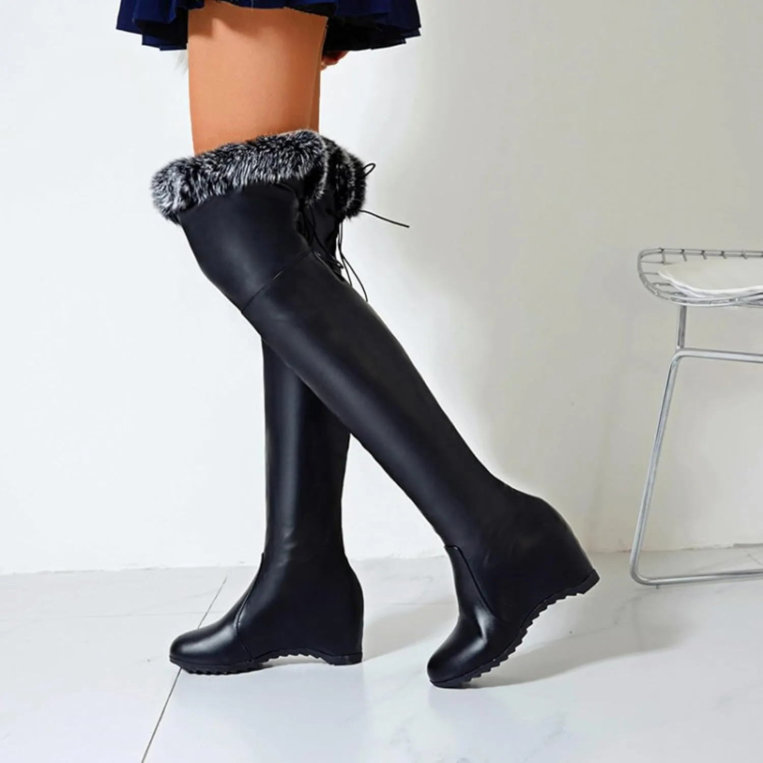 Knee Boots for Women Fashion Winter Warm Plush Leather Boots Elevated Sloping Heel Thigh High Sock for Women