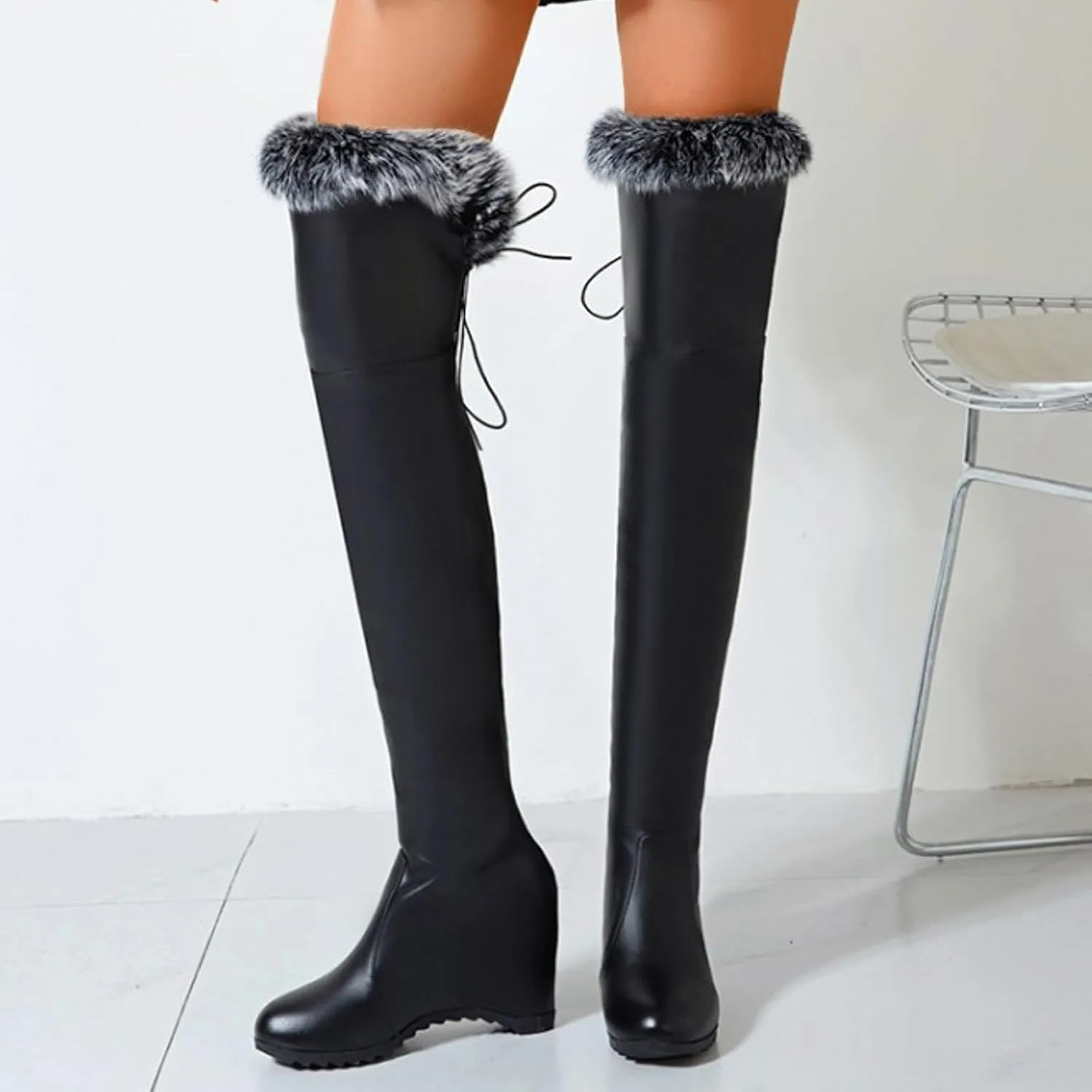 Knee Boots for Women Fashion Winter Warm Plush Leather Boots Elevated Sloping Heel Thigh High Sock for Women