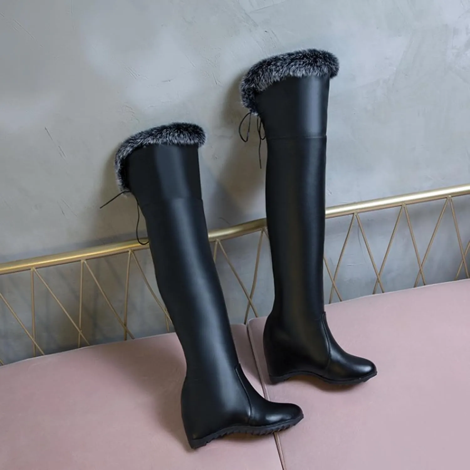 Knee Boots for Women Fashion Winter Warm Plush Leather Boots Elevated Sloping Heel Thigh High Sock for Women