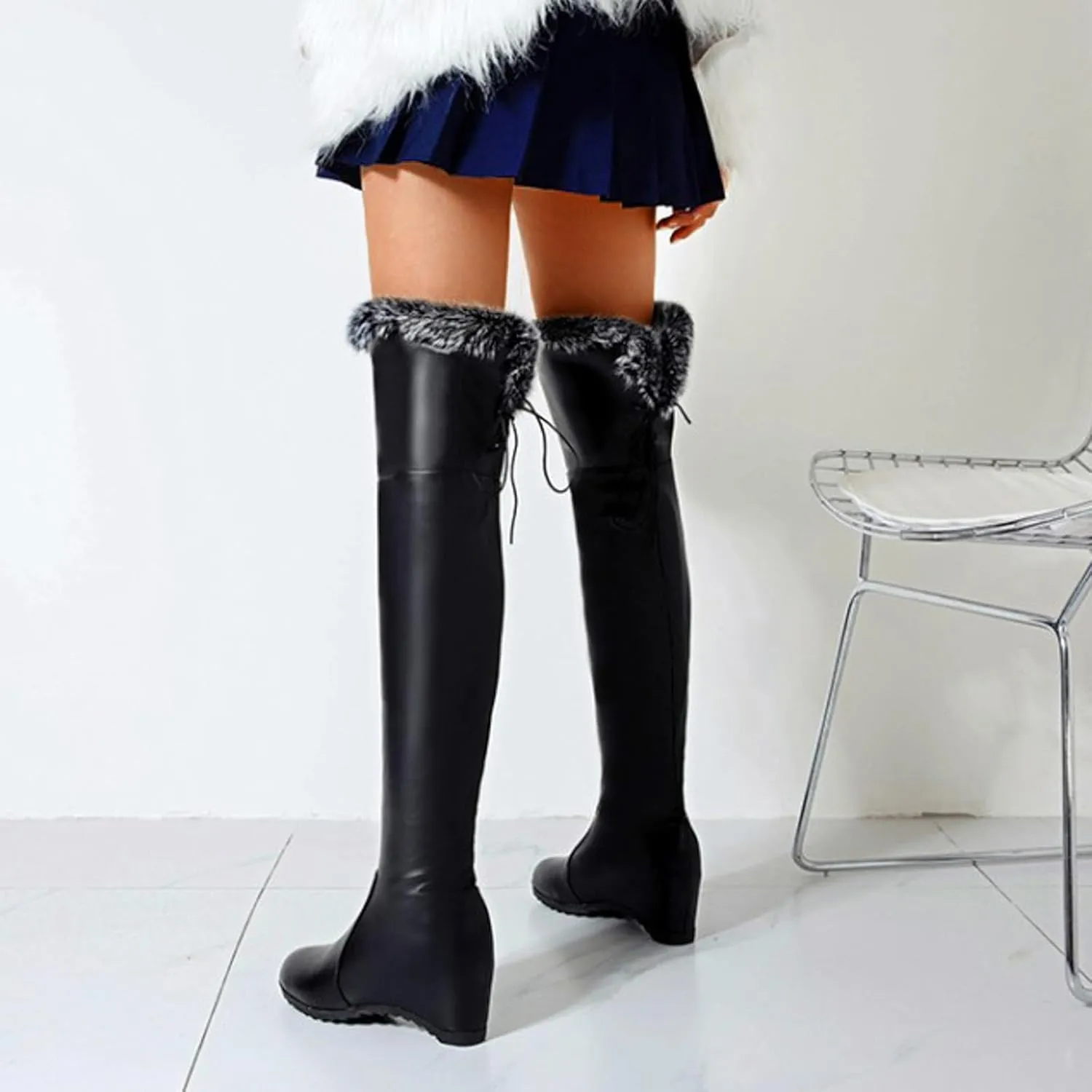 Knee Boots for Women Fashion Winter Warm Plush Leather Boots Elevated Sloping Heel Thigh High Sock for Women