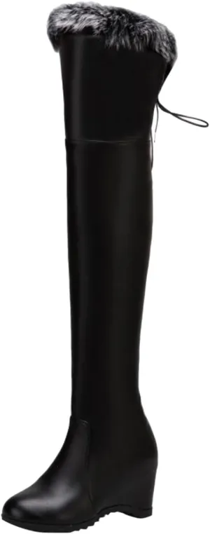 Knee Boots for Women Fashion Winter Warm Plush Leather Boots Elevated Sloping Heel Thigh High Sock for Women