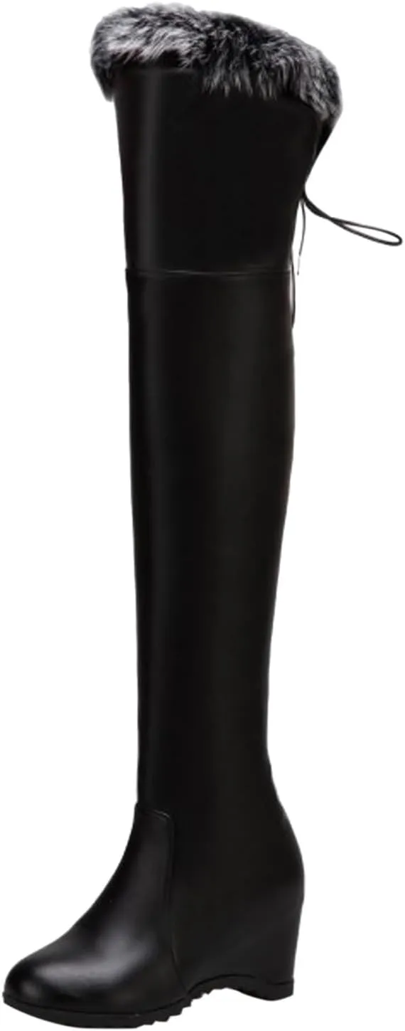 Knee Boots for Women Fashion Winter Warm Plush Leather Boots Elevated Sloping Heel Thigh High Sock for Women