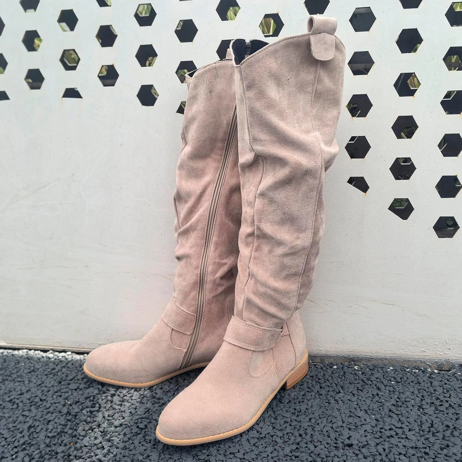 Knee High Boots Women over the Knee Boots Thigh High Suede Block Boots Pointed Toe Chunky High Heels Boots