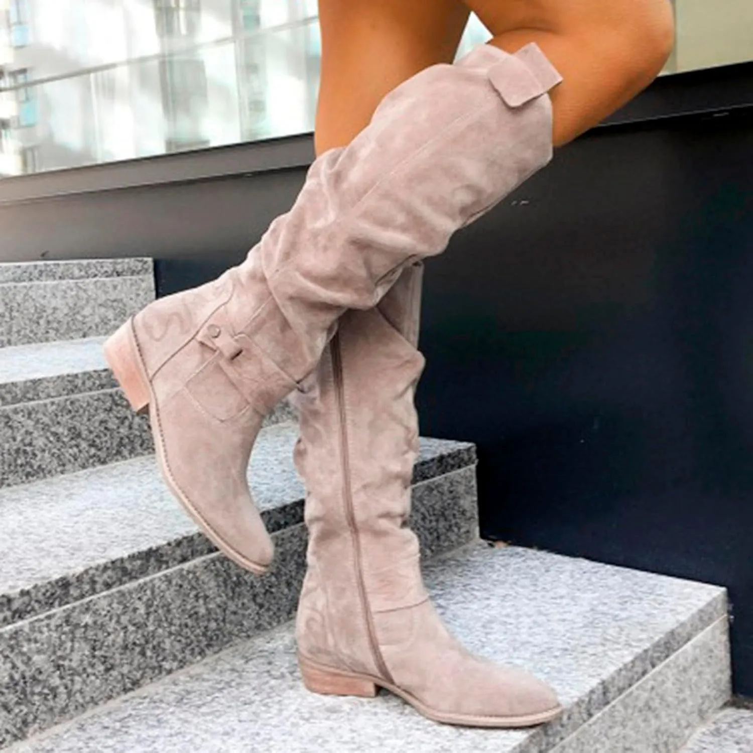Knee High Boots Women over the Knee Boots Thigh High Suede Block Boots Pointed Toe Chunky High Heels Boots