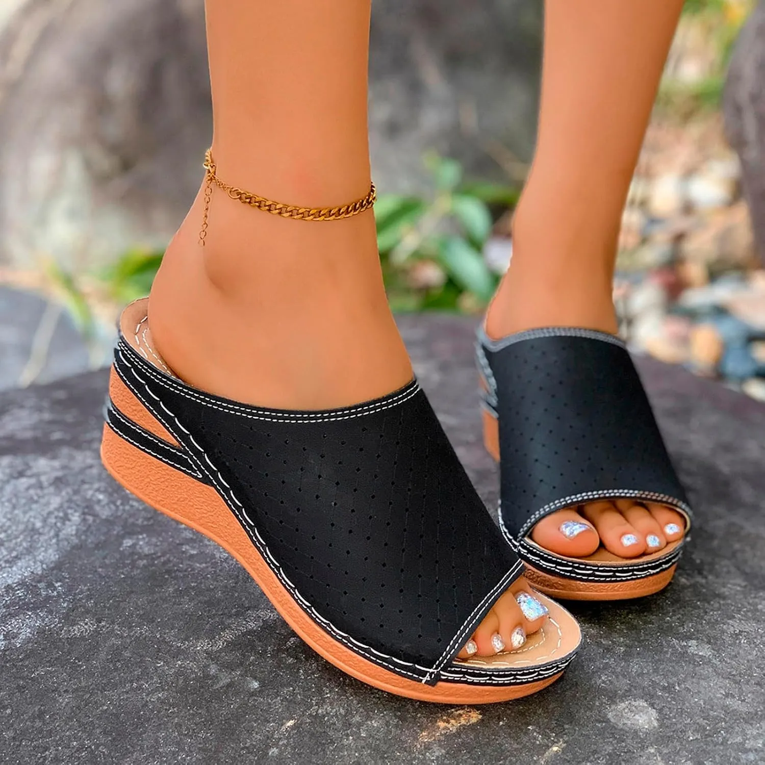 Ladies Flower Sandal Slippers Summer Slope Heel Fish Mouth Women's Casual Roman High Heel Sandal Slippers Ladies Slides