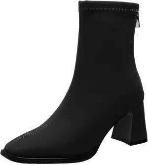 Ladies Simple Solid Color Comfortable Chunky Heel Mid Calf Square Toe Stretch Sleeve Toe Large Buckle Boots Platform (Black, 7)