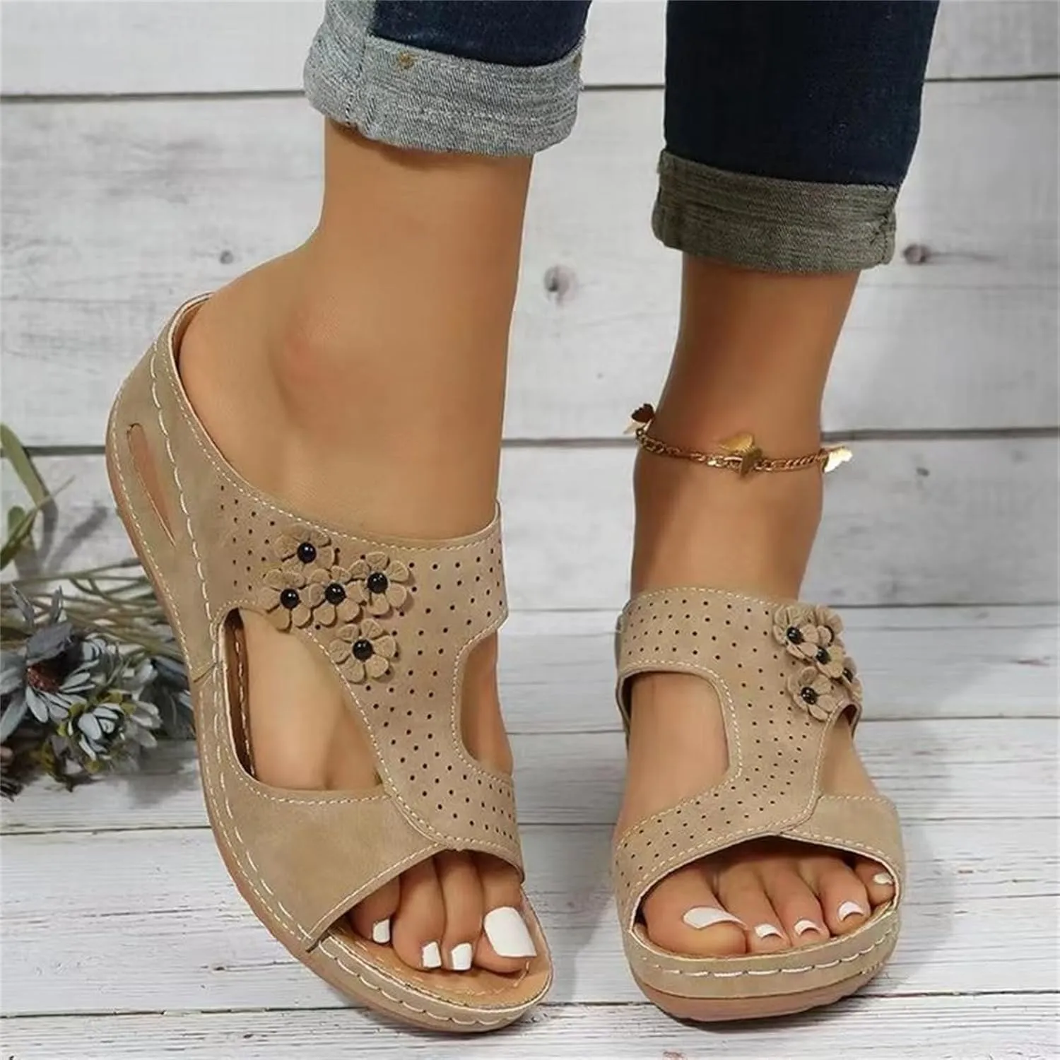 Lausiuoe Womens Sandals Comfortable Dressy Wedge Heel Orthotic Flip Flops Walking Summer Orthopedic Slipper With Arch Support