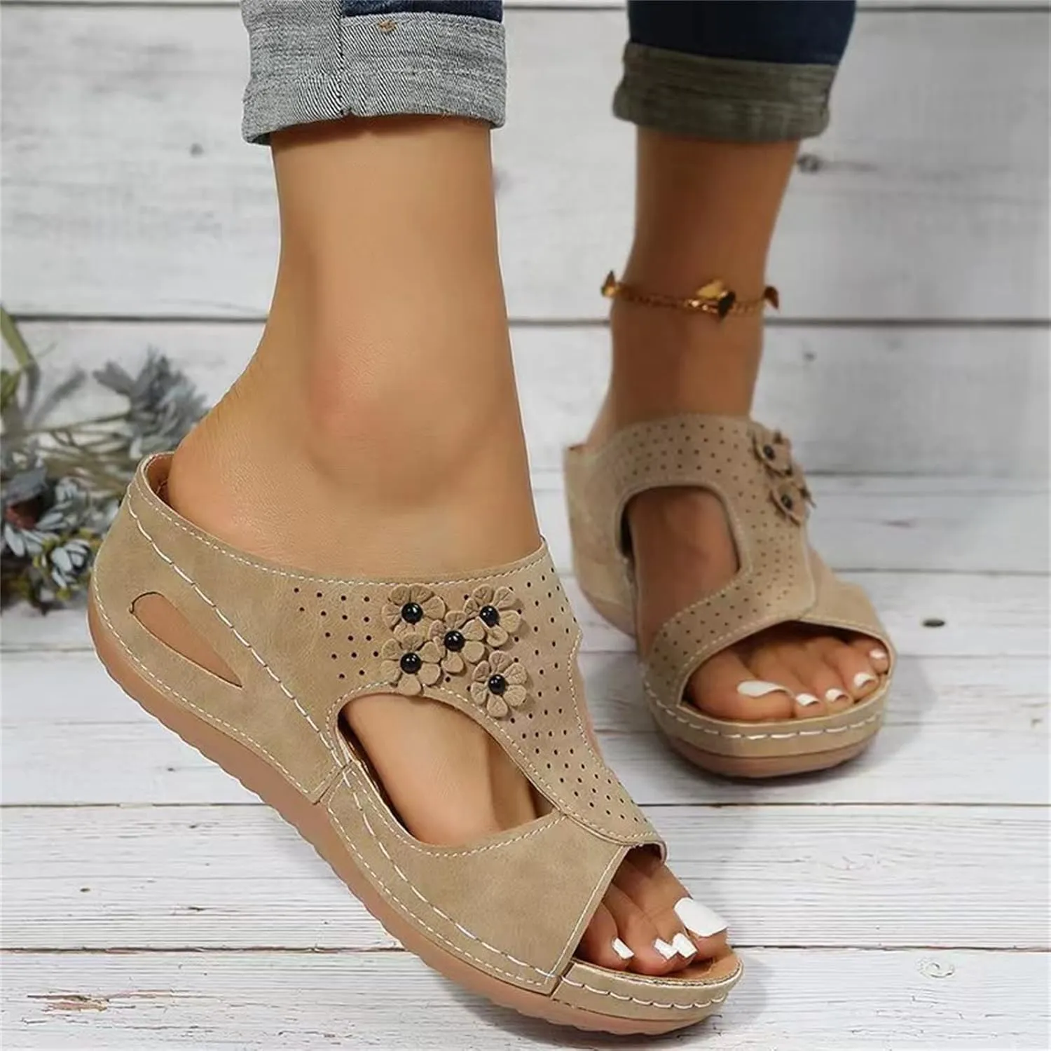 Lausiuoe Womens Sandals Comfortable Dressy Wedge Heel Orthotic Flip Flops Walking Summer Orthopedic Slipper With Arch Support