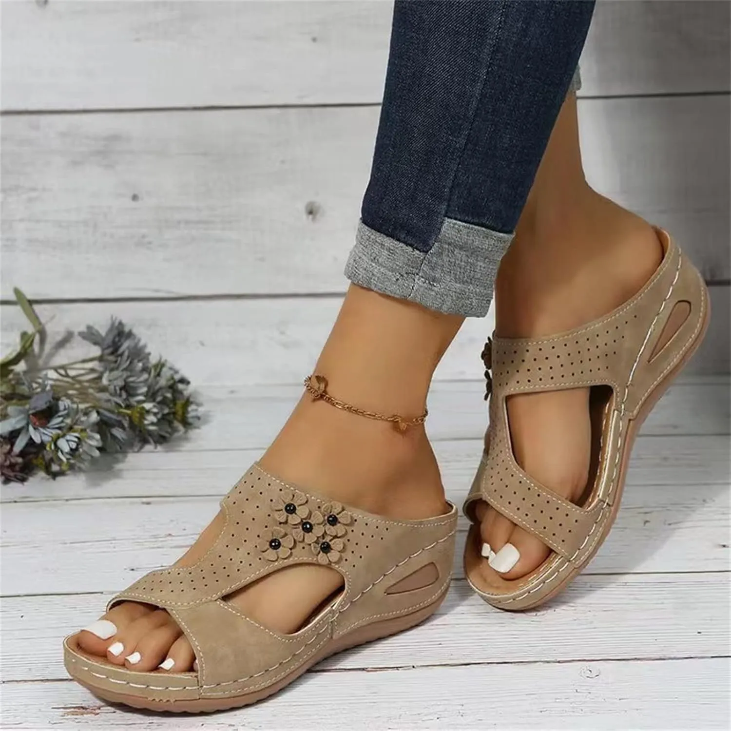 Lausiuoe Womens Sandals Comfortable Dressy Wedge Heel Orthotic Flip Flops Walking Summer Orthopedic Slipper With Arch Support