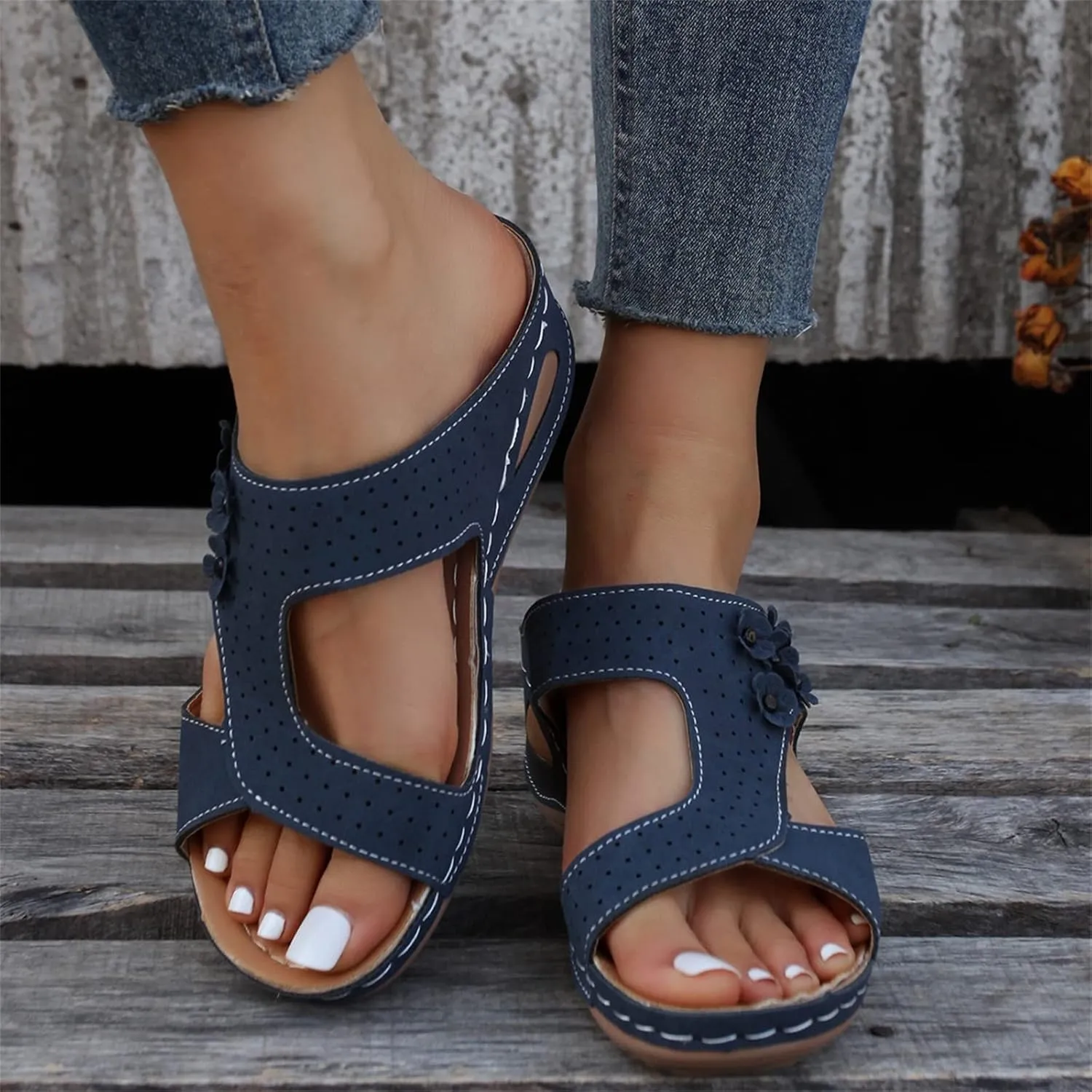 Lausiuoe Womens Sandals Comfortable Dressy Wedge Heel Orthotic Flip Flops Walking Summer Orthopedic Slipper With Arch Support