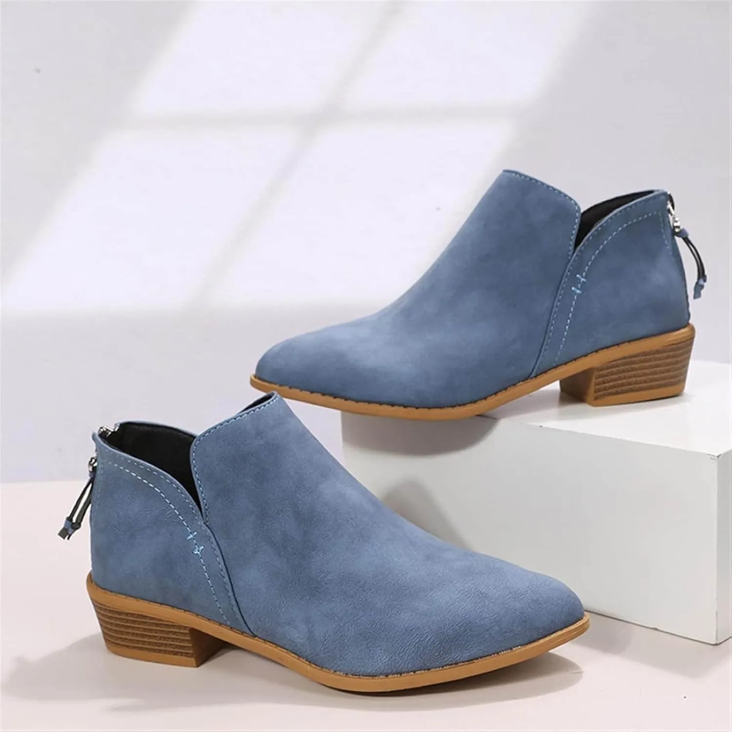 Leather Ankle Boots for Women Ankle Boots for Women Low Heel Zipper Pointed Toe Short Boot Comfy Casual Walking Shoes
