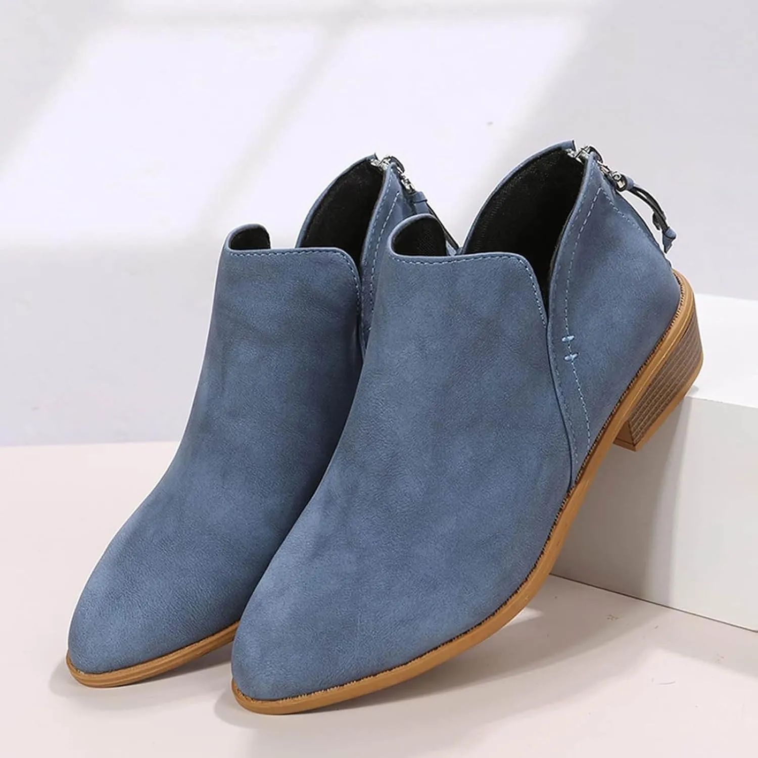 Leather Ankle Boots for Women Ankle Boots for Women Low Heel Zipper Pointed Toe Short Boot Comfy Casual Walking Shoes