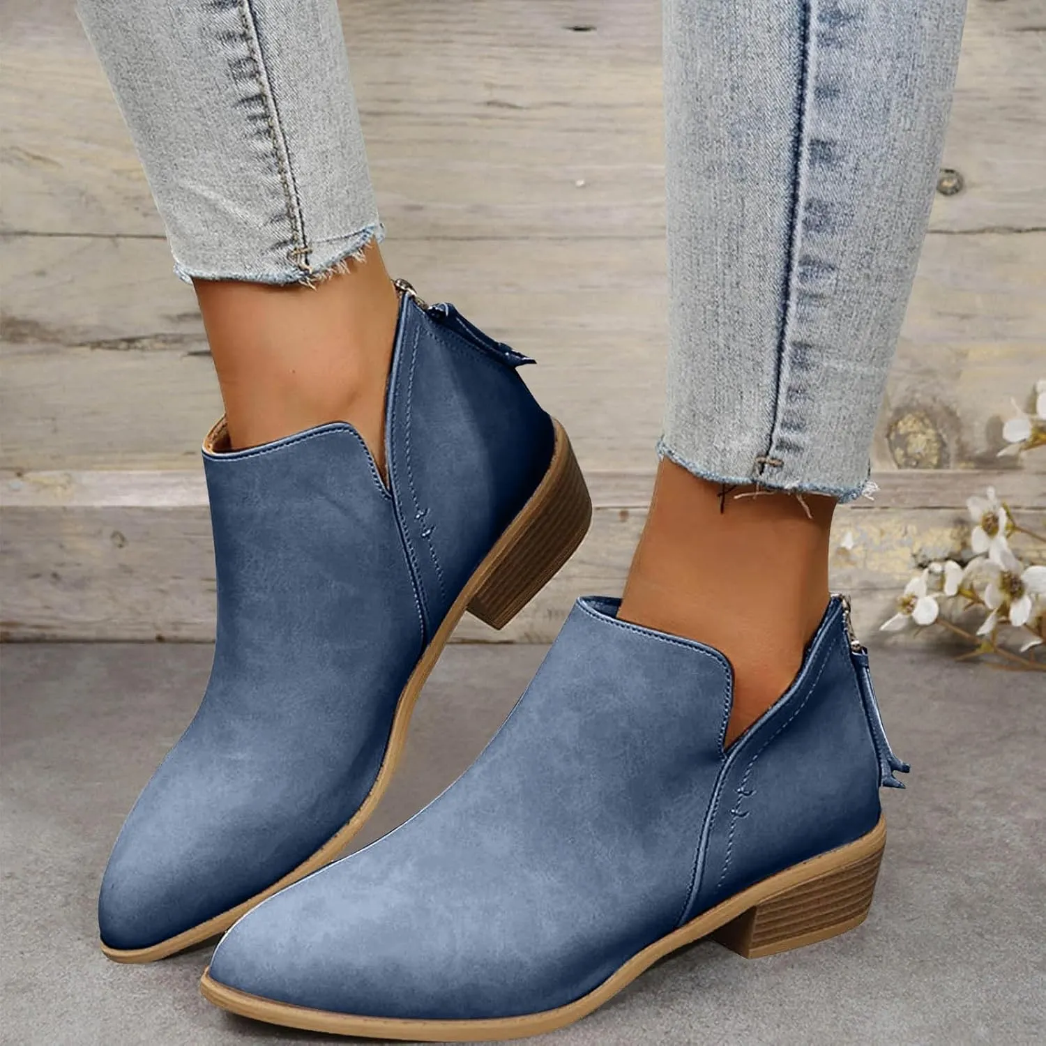 Leather Ankle Boots for Women Ankle Boots for Women Low Heel Zipper Pointed Toe Short Boot Comfy Casual Walking Shoes