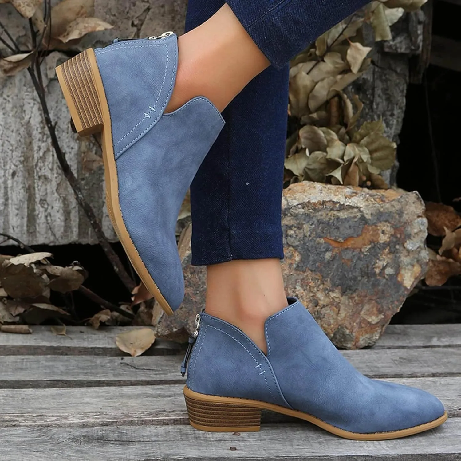 Leather Ankle Boots for Women Ankle Boots for Women Low Heel Zipper Pointed Toe Short Boot Comfy Casual Walking Shoes