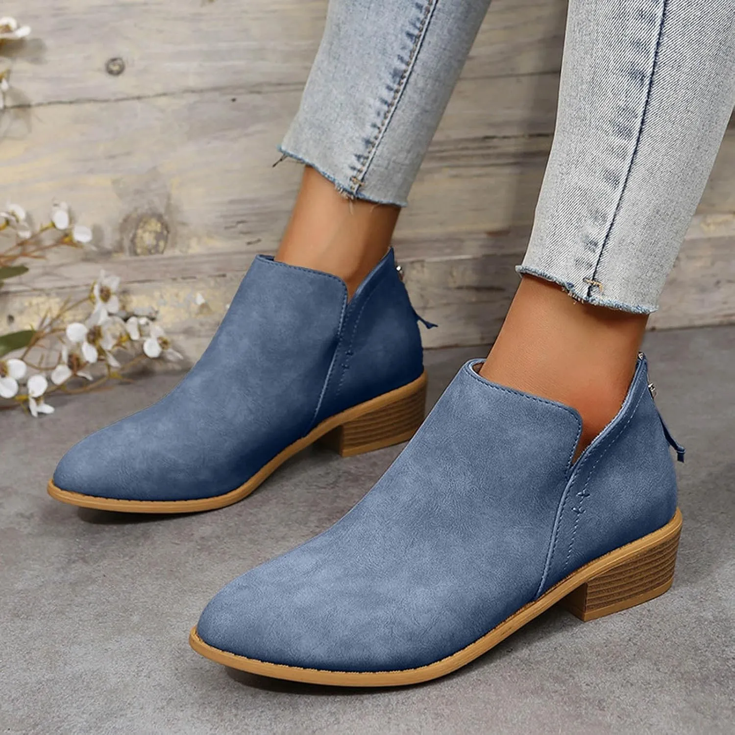 Leather Ankle Boots for Women Ankle Boots for Women Low Heel Zipper Pointed Toe Short Boot Comfy Casual Walking Shoes