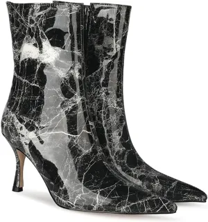 LEHOOR Kitten Heel Mid Calf Sock Boots For Women Pointed toe Zip Up Low Heels Stretch Suede Sock Booties Thin Calf Pull On Patent Leather Elastic Short Boots For Ladies Retro Dressy Club 4-12 M US