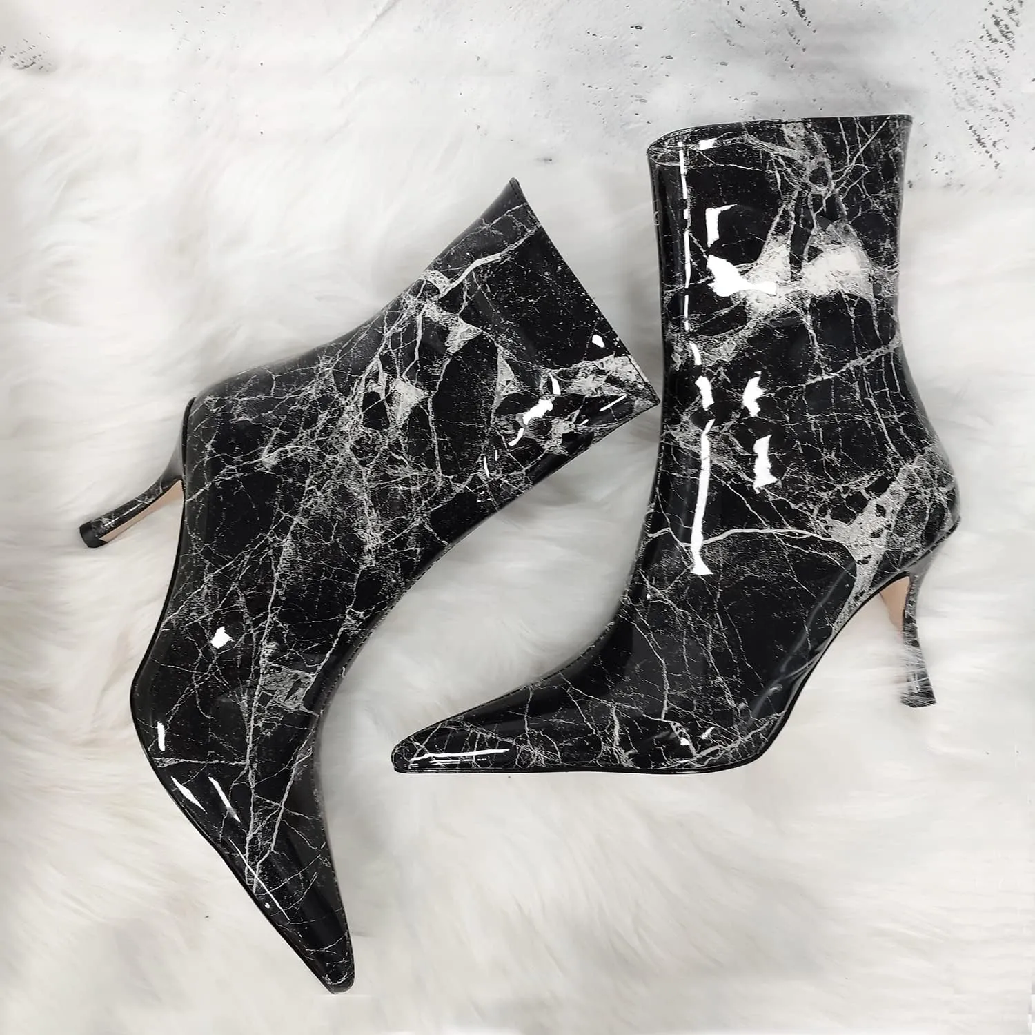 LEHOOR Kitten Heel Mid Calf Sock Boots For Women Pointed toe Zip Up Low Heels Stretch Suede Sock Booties Thin Calf Pull On Patent Leather Elastic Short Boots For Ladies Retro Dressy Club 4-12 M US