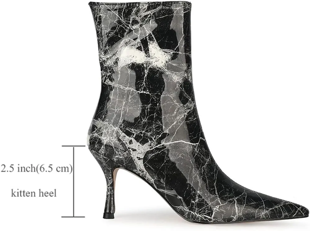 LEHOOR Kitten Heel Mid Calf Sock Boots For Women Pointed toe Zip Up Low Heels Stretch Suede Sock Booties Thin Calf Pull On Patent Leather Elastic Short Boots For Ladies Retro Dressy Club 4-12 M US