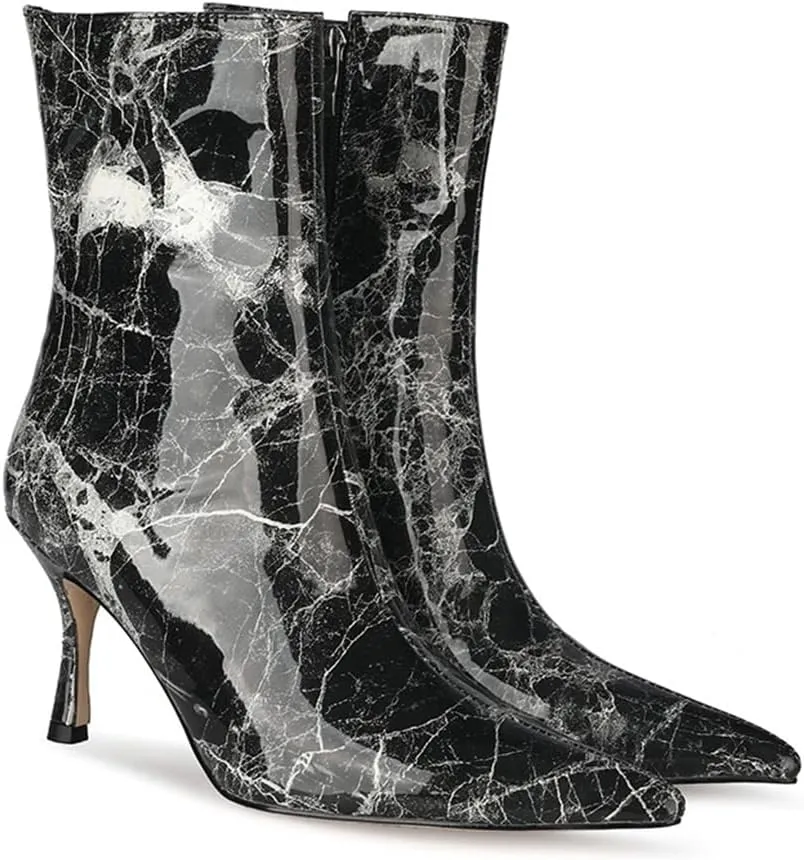 LEHOOR Kitten Heel Mid Calf Sock Boots For Women Pointed toe Zip Up Low Heels Stretch Suede Sock Booties Thin Calf Pull On Patent Leather Elastic Short Boots For Ladies Retro Dressy Club 4-12 M US