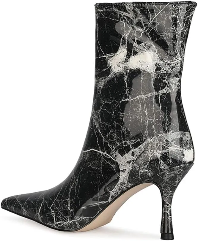 LEHOOR Kitten Heel Mid Calf Sock Boots For Women Pointed toe Zip Up Low Heels Stretch Suede Sock Booties Thin Calf Pull On Patent Leather Elastic Short Boots For Ladies Retro Dressy Club 4-12 M US