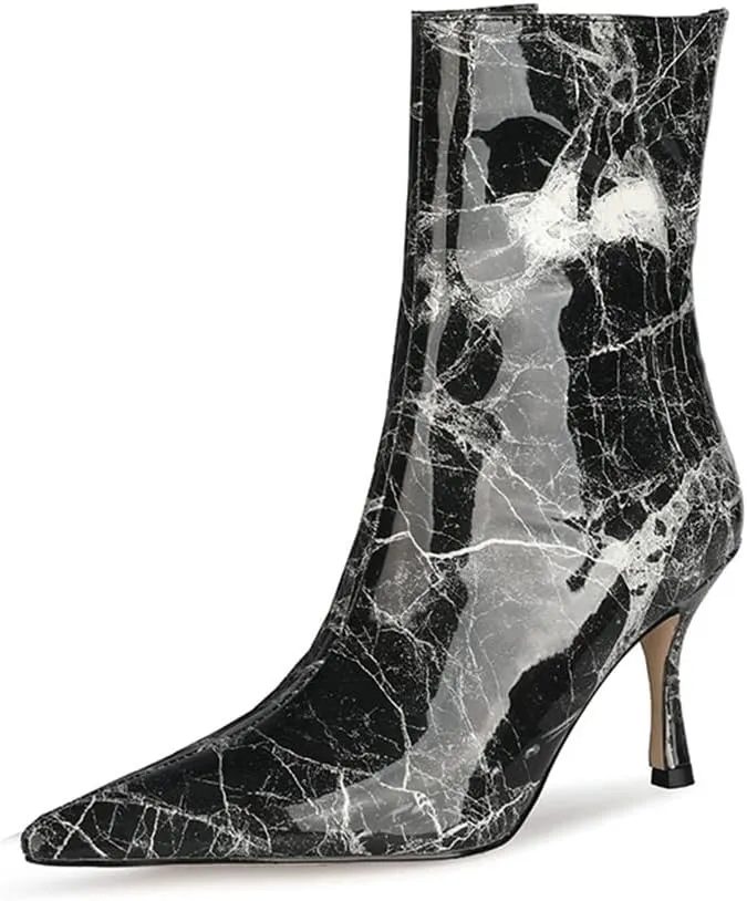 LEHOOR Kitten Heel Mid Calf Sock Boots For Women Pointed toe Zip Up Low Heels Stretch Suede Sock Booties Thin Calf Pull On Patent Leather Elastic Short Boots For Ladies Retro Dressy Club 4-12 M US
