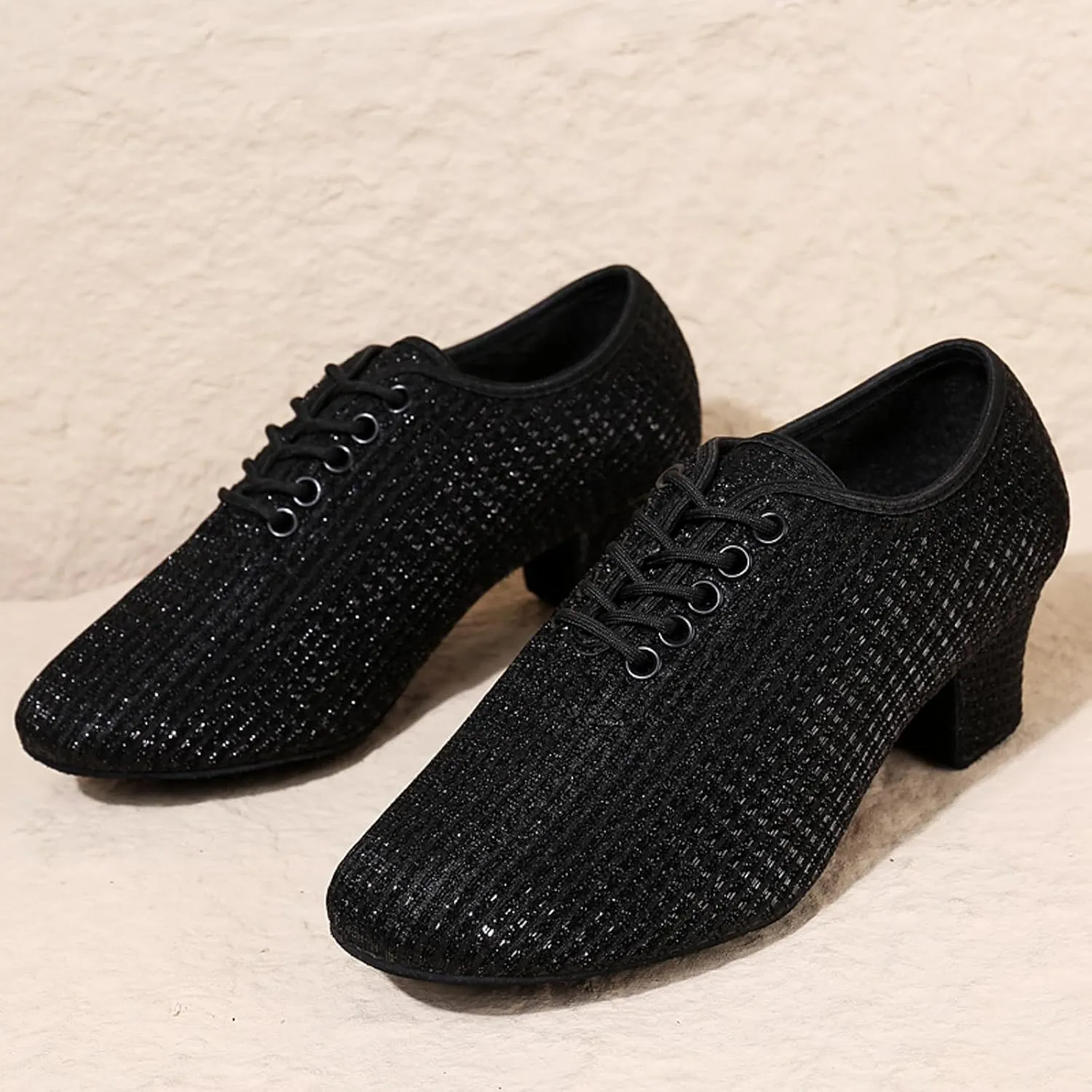 Leisure Women's Mesh Soft Sole Solid Color Non Slip Square Heels Lace Up Round Toe Breathable Dancing Lady Casual Top