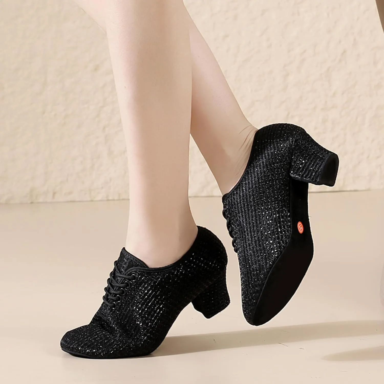 Leisure Women's Mesh Soft Sole Solid Color Non Slip Square Heels Lace Up Round Toe Breathable Dancing Lady Casual Top