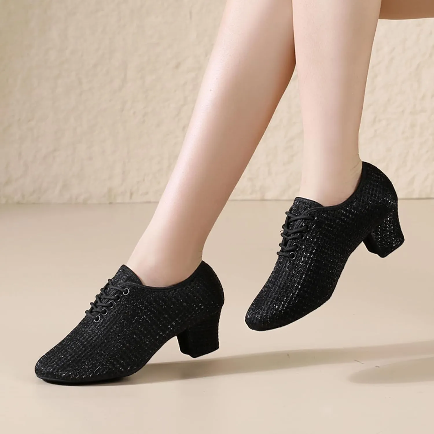 Leisure Women's Mesh Soft Sole Solid Color Non Slip Square Heels Lace Up Round Toe Breathable Dancing Lady Casual Top
