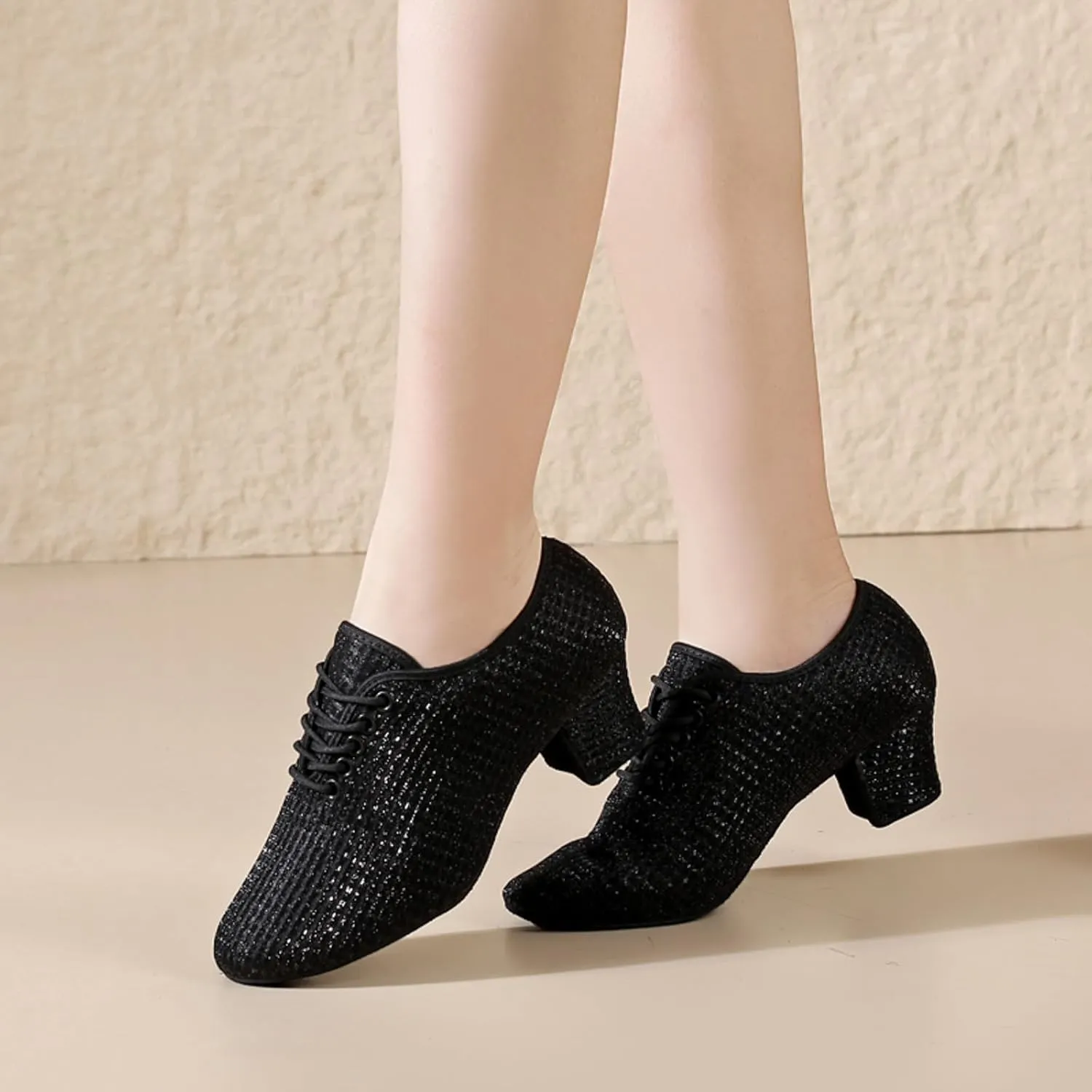 Leisure Women's Mesh Soft Sole Solid Color Non Slip Square Heels Lace Up Round Toe Breathable Dancing Lady Casual Top