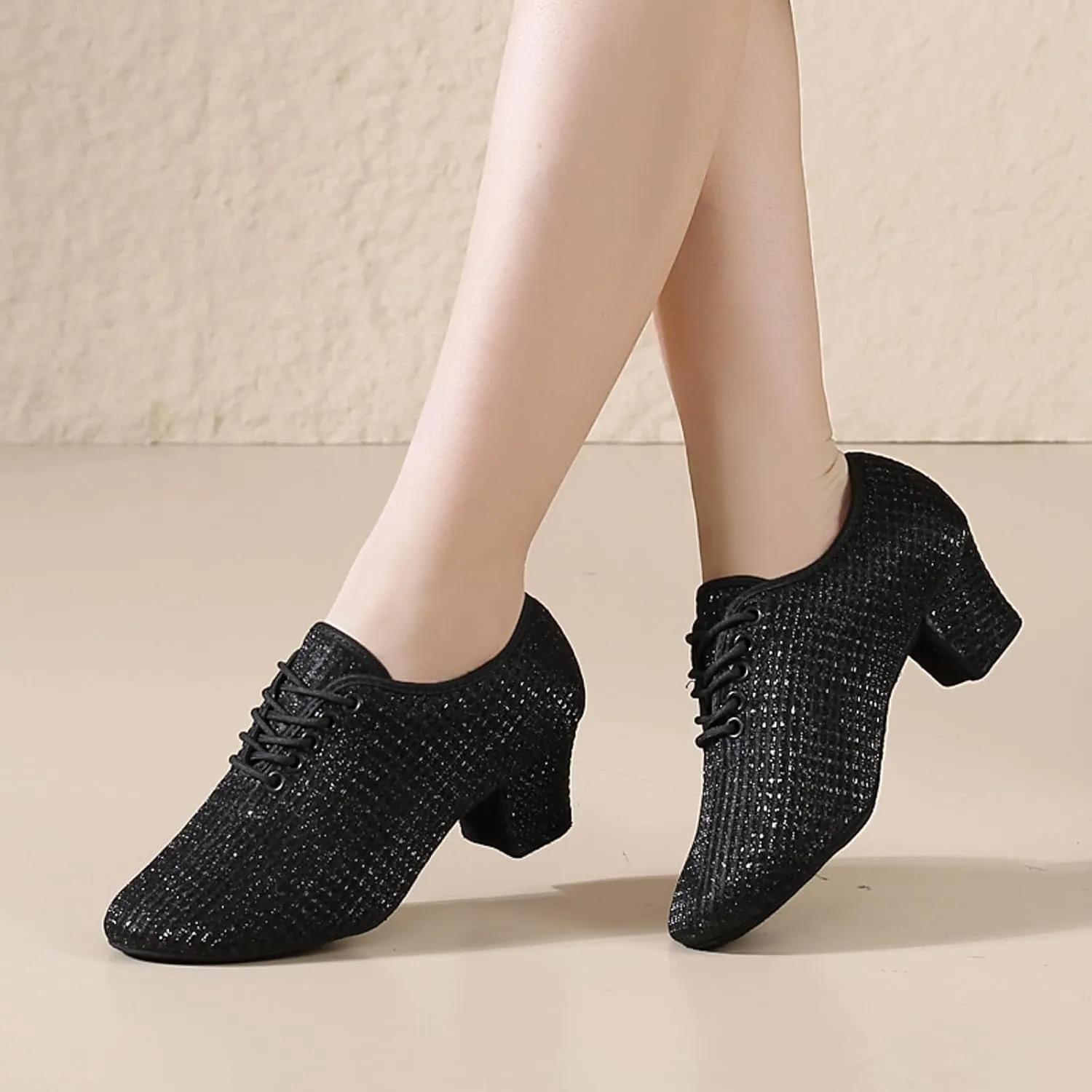 Leisure Women's Mesh Soft Sole Solid Color Non Slip Square Heels Lace Up Round Toe Breathable Dancing Lady Casual Top