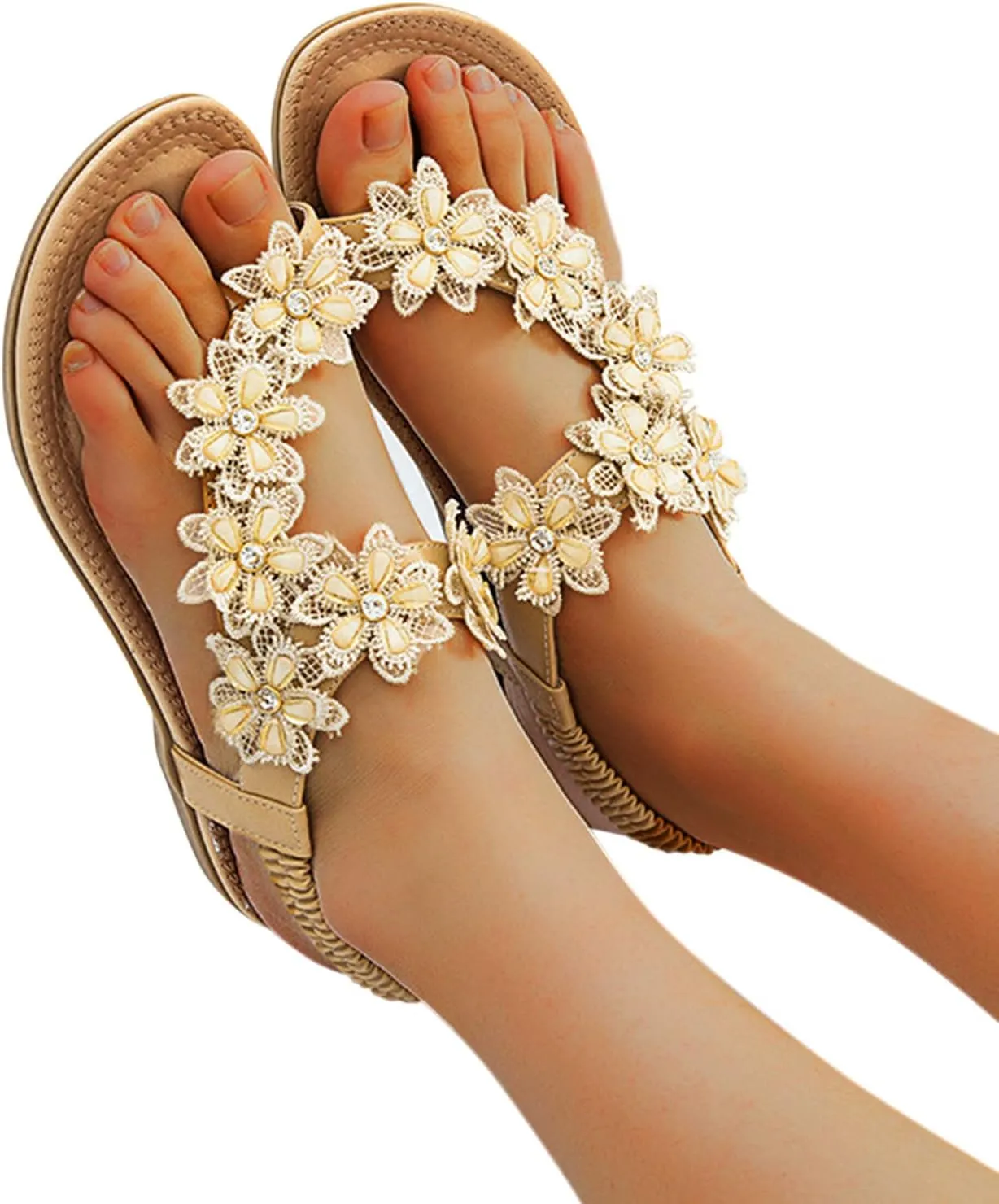 Lightweight Bohemian Sandals for Women Rhinestone Open Toe Slip on Casual Sandal Fashion Flat Sandals for Women